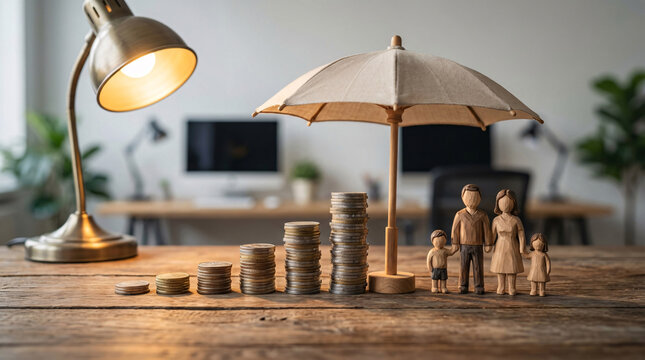 Family protection and financial growth concept with stacked coins, miniature family figures, and a small umbrella under a warm desk lamp light on a wooden table