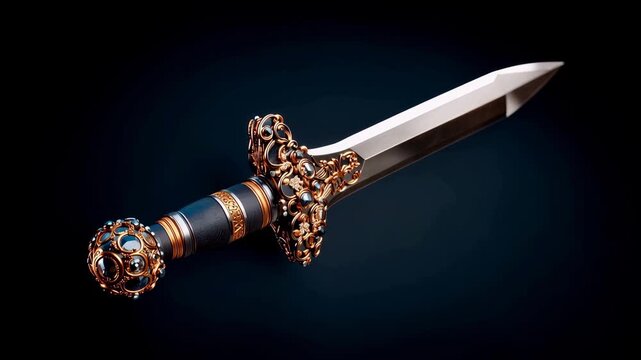 Ornate sword with decorative handle and shiny blade lying on a dark surface