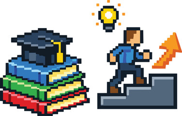Obraz premium Pixel Art Graduation Cap Stack and Man Climbing Stairs Icon