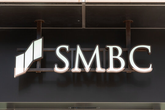 NERIMA, TOKYO, JAPAN - MARCH 11, 2026: A black storefront branding sign of Sumitomo Mitsui Banking Corporation (SMBC), one of Japan's major financial institutions, in Nerima, Tokyo.