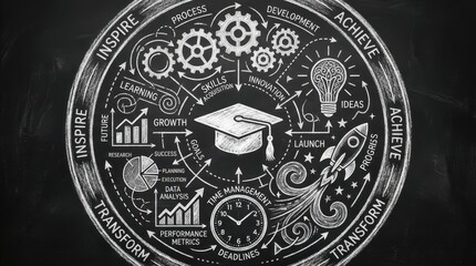 Naklejka premium Educational concept with chalk drawings on blackboard featuring graduation cap gears and growth charts