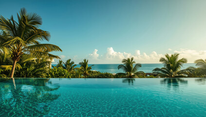 Naklejka premium Luxury tropical pool ocean view with palm tree horizon at golden sunlight