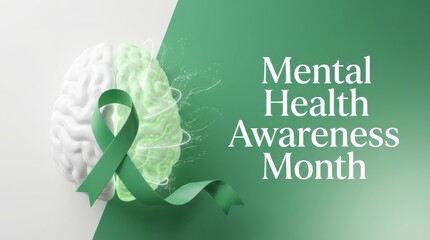Mental health awareness month concept with brain and green ribbon on gradient background