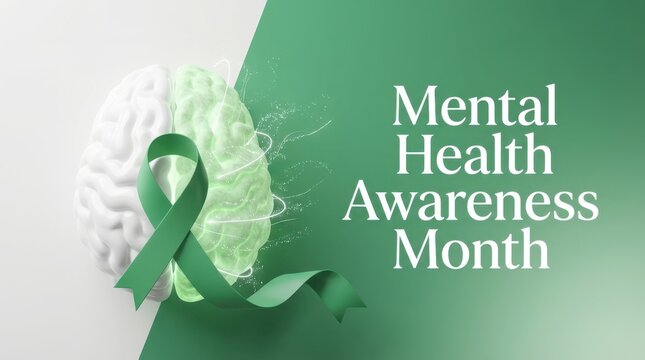 Mental health awareness month concept with brain and green ribbon on gradient background
