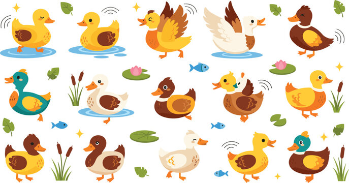 Flat vector illustration set of cute cartoon ducks in various poses including swimming and flying with pond elements like lily pads and fish, perfect for kids nursery design