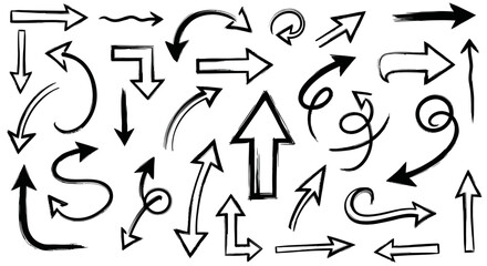 Hand drawn black arrows pointing in various directions on a white background.