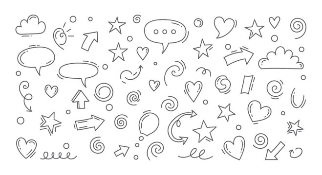 Hand drawn doodle elements set with arrows, hearts, stars, and speech bubbles.