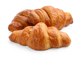 Puff pastry. Many tasty fresh croissants isolated on white