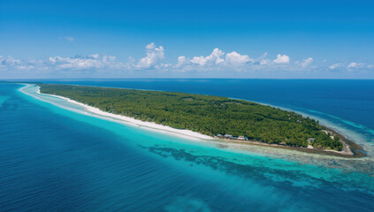 Turquoise lagoon, white sand beach, tropical island, aerial view, lush forest