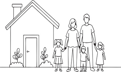 Happy family of five standing in front of their home