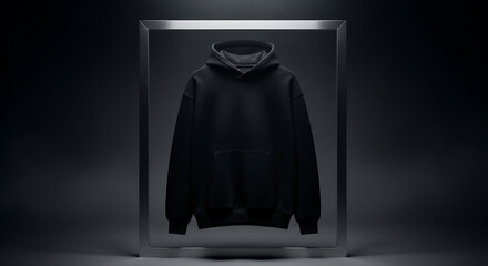 Fototapeta premium A Minimalist Black Hoodie Displayed in a Modern Transparent Showcase on a Dark Studio Background