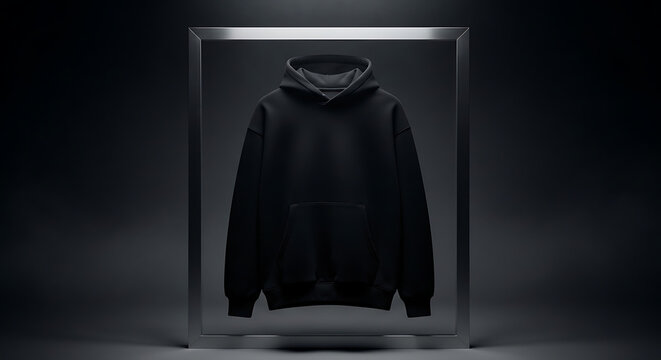 A Minimalist Black Hoodie Displayed in a Modern Transparent Showcase on a Dark Studio Background