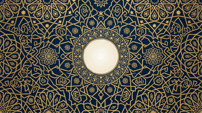 Intricate islamic geometric rosette medallion features symmetrical blue and gold patterns with a central circular motif