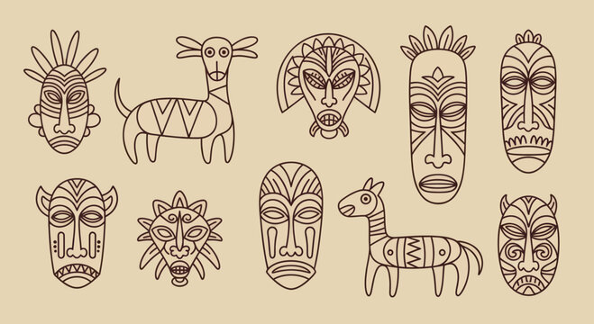 Collection of African tribal masks and animal figures in outline style.