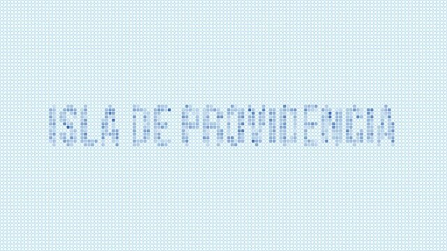 Isla de Providencia dotted map animation. Digital style shape of the island. Isla de Providencia shape and title blue dots appear with flickering effect. Colombia.