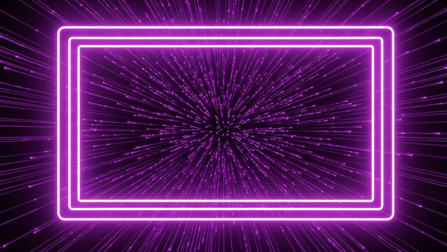 Glowing purple neon rectangle frame with radiant beams in dark background for futuristic advertising