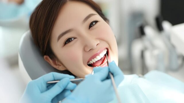 女性が歯科の定期検診で明るく笑顔を見せる