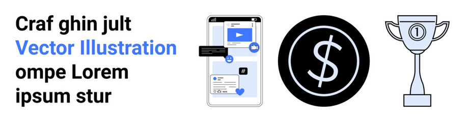 Mobile apps, fintech services, ecommerce, online rewards, competition, achievement. Smartphone interface with dollar sign and trophy. Fintech services and online rewards concept