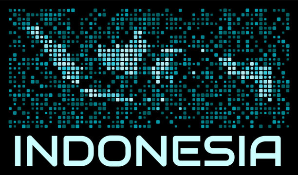 Indonesia digital dotted map. Shape of the country in cyan color palette on dark background. Futuristic Indonesia map design. Vector illustration.