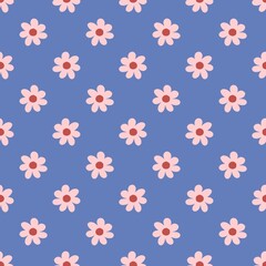 Soft periwinkle blue floral pattern with pink daisies. Seamless pastel blossom background for nursery accessories, spring decor, summer stationery, and feminine crafts.