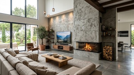 Fototapeta premium Modern living room with a fireplace and large windows overlooking a garden during daytime