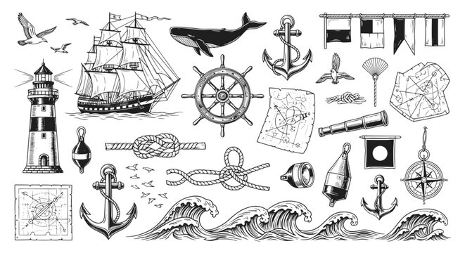 Set of vintage nautical and maritime illustrations. Hand-drawn sketches of sailing ships, anchors, lighthouses, and ocean waves. Retro seafaring elements on a clean white background.