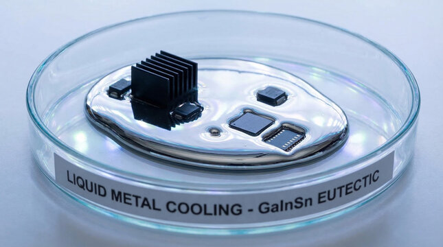 Close-up of liquid metal gallium indium eutectic in a container, room-temperature liquid metal concept for electronics cooling brand or materials science editorial, no people