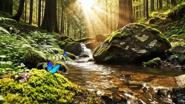 Sunlit forest stream video with flowing water and rocks.