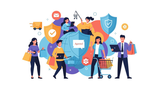 Colorful vector illustration of people engaging in online shopping and transactions on World Consumer Rights Day with icons representing e-commerce and transaction security.