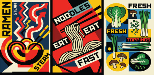Dynamic Graphic Art Series Showcasing the Vibrant World of Noodles, Featuring Ramen, Fresh Ingredients, and Fast Culinary Delights