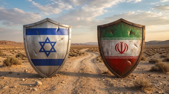 Two metallic shields bearing Israel and Iran flags face each other on a desert path under a dramatic sky, symbolizing confrontation, defense, and geopolitical tension.