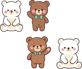 Naklejka premium Cute teddy bear vector collection featuring a white polar bear and a brown grizzly bear with a bowtie