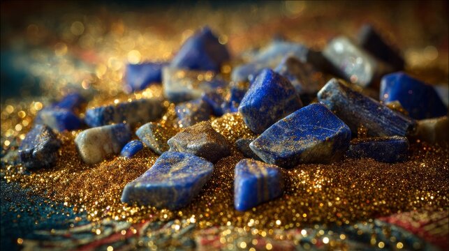 A collection of deep blue lapis lazuli fragments with golden glitter