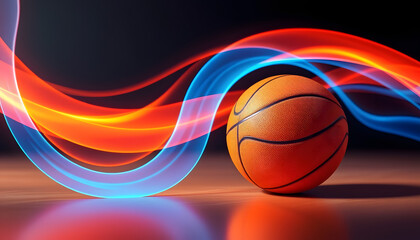 Fototapeta premium Dynamic basketball on a reflective court illuminated by vibrant, energetic red and blue light trails, symbolizing speed, motion, and athletic spirit