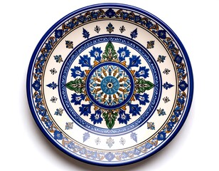 Obraz premium An overhead shot of a vibrant, circular plate with detailed floral and geometric patterns, featuring a blue, green, and gold design on a white background