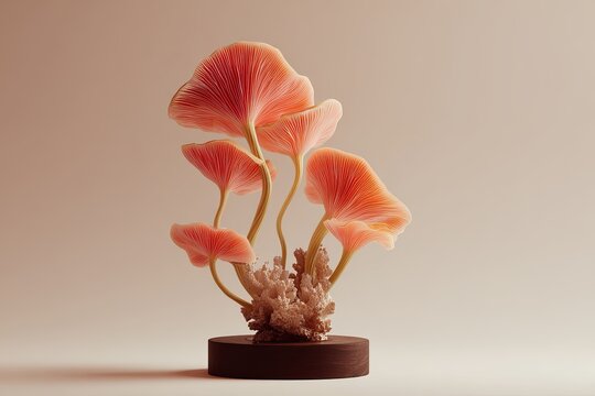 Photo of a coral and mushroom podium on an ombre background, with moss for product photography in the style of martin parr and max fors. the composition includes two mushrooms.