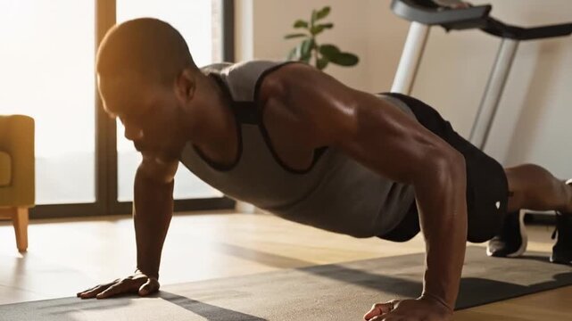 A fit individual performs push-ups in a sunlit room. The scene emphasizes strength and determination, showcasing close-up shots of the athlete's effort and physical form. 