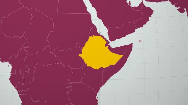 Ethiopia map. Animated zoom into the country on the Globe in Pale Mint Dark Pink color palette. Country logo animation with round text and airplanes. Map with meridians, parallels. Artistic video.