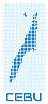 Cebu digital style map with blue rounded rectangle dots. Philippines. Dotted shape of the island. Cebu blue colored map and title on white background. Elegant Vector Illustration.