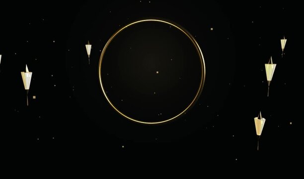 Abstract 3D Golden Ring and Floating Lanterns on Black Background with Particles, Elegant Celebration and Awards Gala Motion Graphics Animation