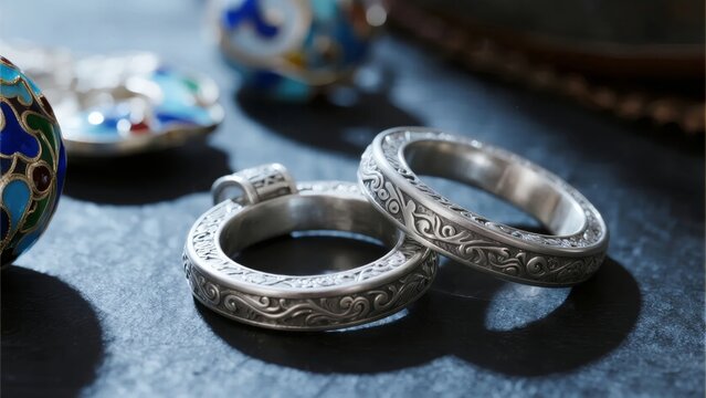 Two intricately engraved silver rings placed on a dark surface with decorative objects in the background