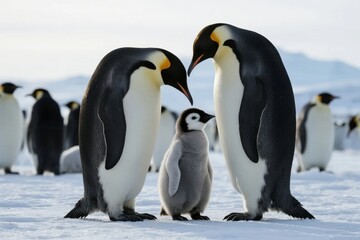 Obraz premium Two adult emperor penguins standing with a chick on snowy terrain, surrounded by other penguins in the background.