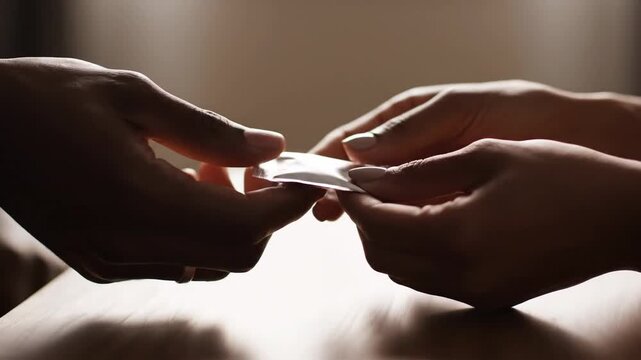 Close up hands exchange card during quiet handoff.