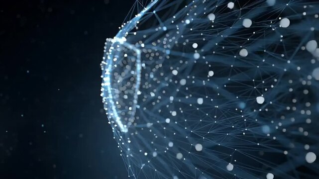 Abstract shield forged from interconnected glowing blue digital data streams on a dark background, symbolizing cybersecurity and network protection