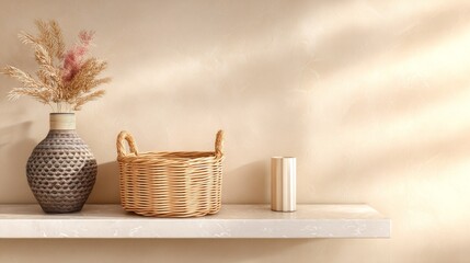 Fototapeta premium Woven wicker basket and vase on a shelf