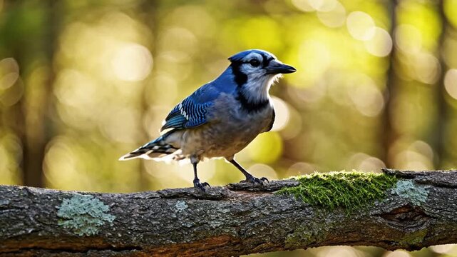 Close-up wildlife shot of a blue jay perched on a moss-covered tree branch in a forest.