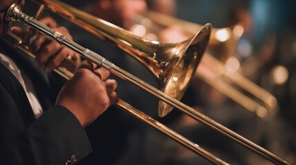 Fototapeta premium Trombone musician playing brass instrument during orchestra concert. Close-up of hands holding slide with blurred performers in background. Classical music performance on stage