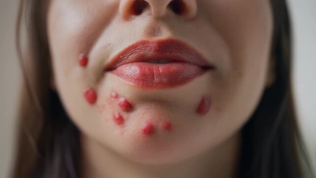 Close-up of a person's lower face displaying multiple inflamed red lesions around the mouth and chin, indicative of a common viral skin outbreak or cold sore condition