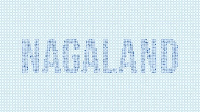 Nagaland, India dotted map animation. Digital style shape of the state. Nagaland, India shape and title dots appear with bulb flickering effect. Intro, outro, logo, title video.