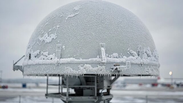 Medium shot of a radar antenna protected by an antiice radome showcasing frozen precipitation on the shield with the rest of the scene out of focus.
